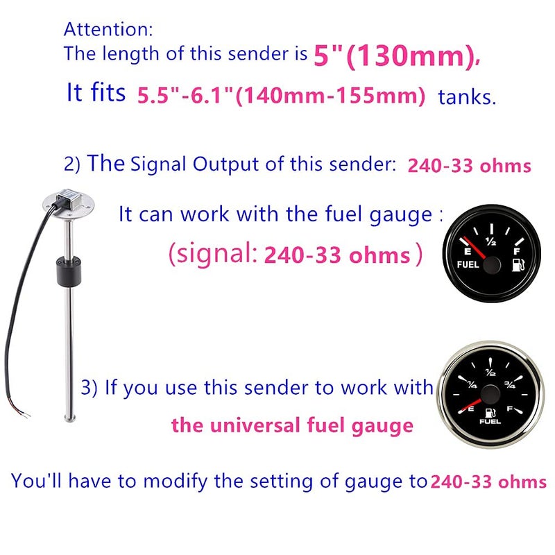 100TECH Fuel Sending Unit 240-33 ohms 5""(130mm) Marine for Boat RV Truck Vehicle Gas Sender Fuel Tank Sending Unit Water Level Sensor - Image 5